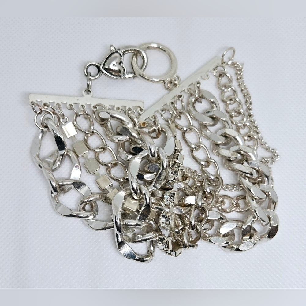 Silver Multi Strand Chain Bracelet Rhinestone Chunky Statement - Picture 5 of 6